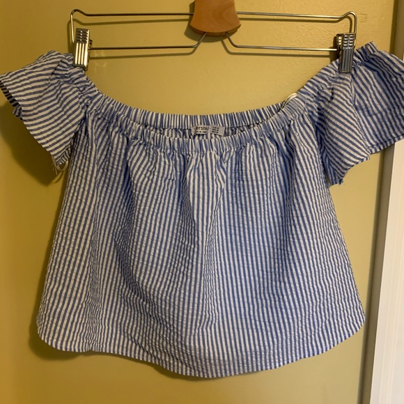 White & blue striped off the shoulder crop top
